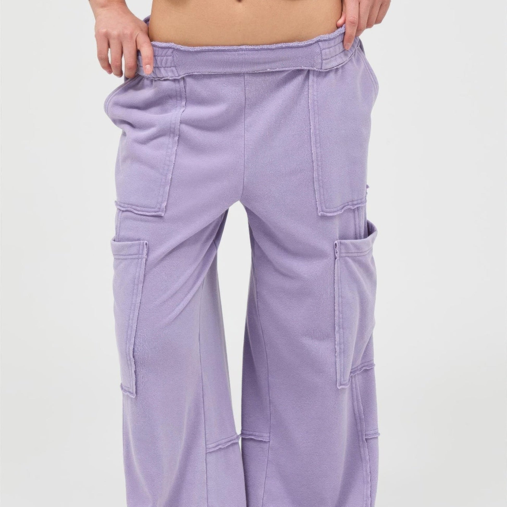 Mineral Wash Wide Leg Cargo Pants in Dusty Purple - Front View