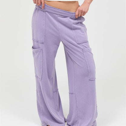 Mineral Wash Wide Leg Cargo Pants in Dusty Purple - Lifestyle View