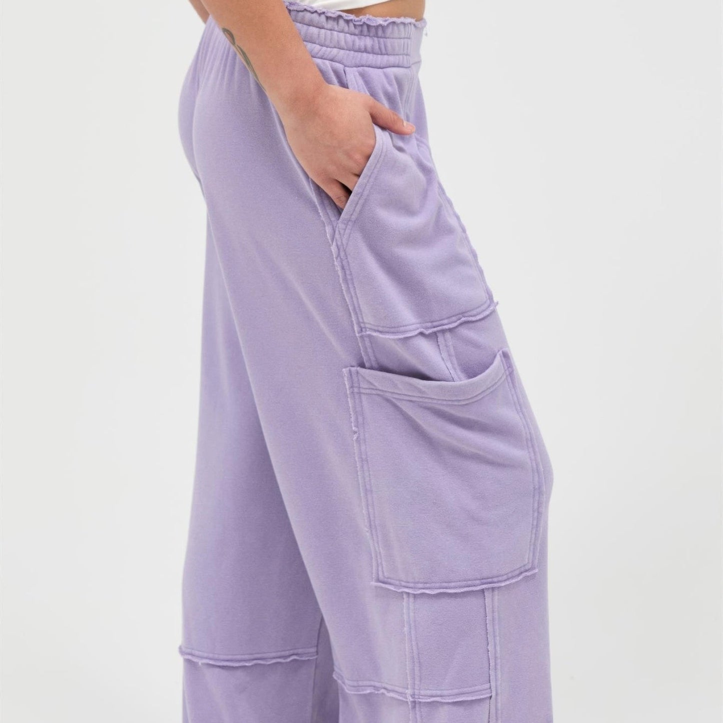 Mineral Wash Wide Leg Cargo Pants in Dusty Purple - Side View