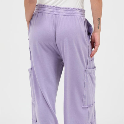 Mineral Wash Wide Leg Cargo Pants in Dusty Purple - Back View