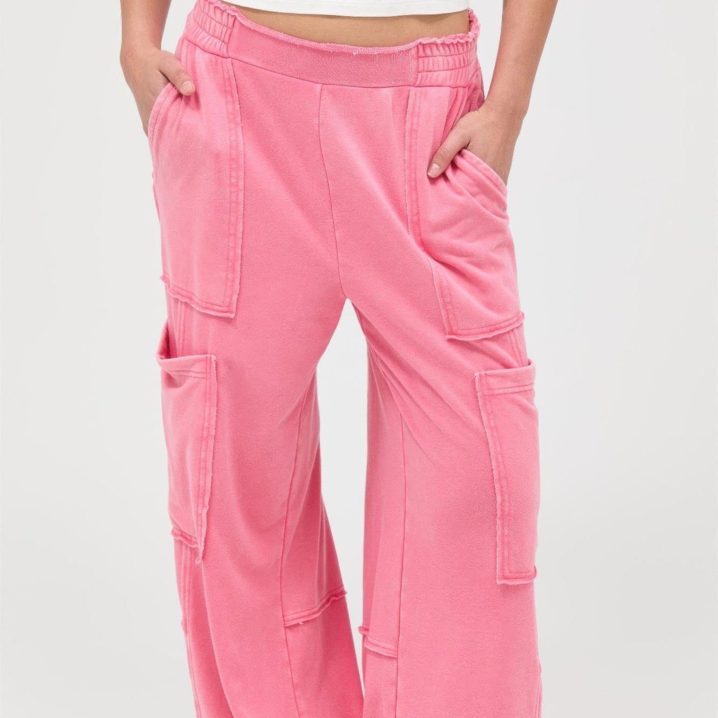 Mineral Wash Wide Leg Cargo Pants in Taffy Pink - Front View
