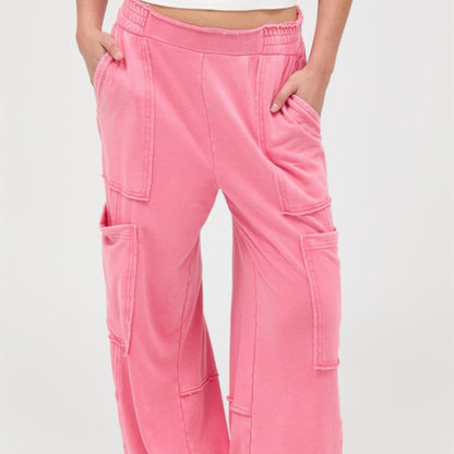 Mineral Wash Wide Leg Cargo Pants in Taffy Pink - Front View

