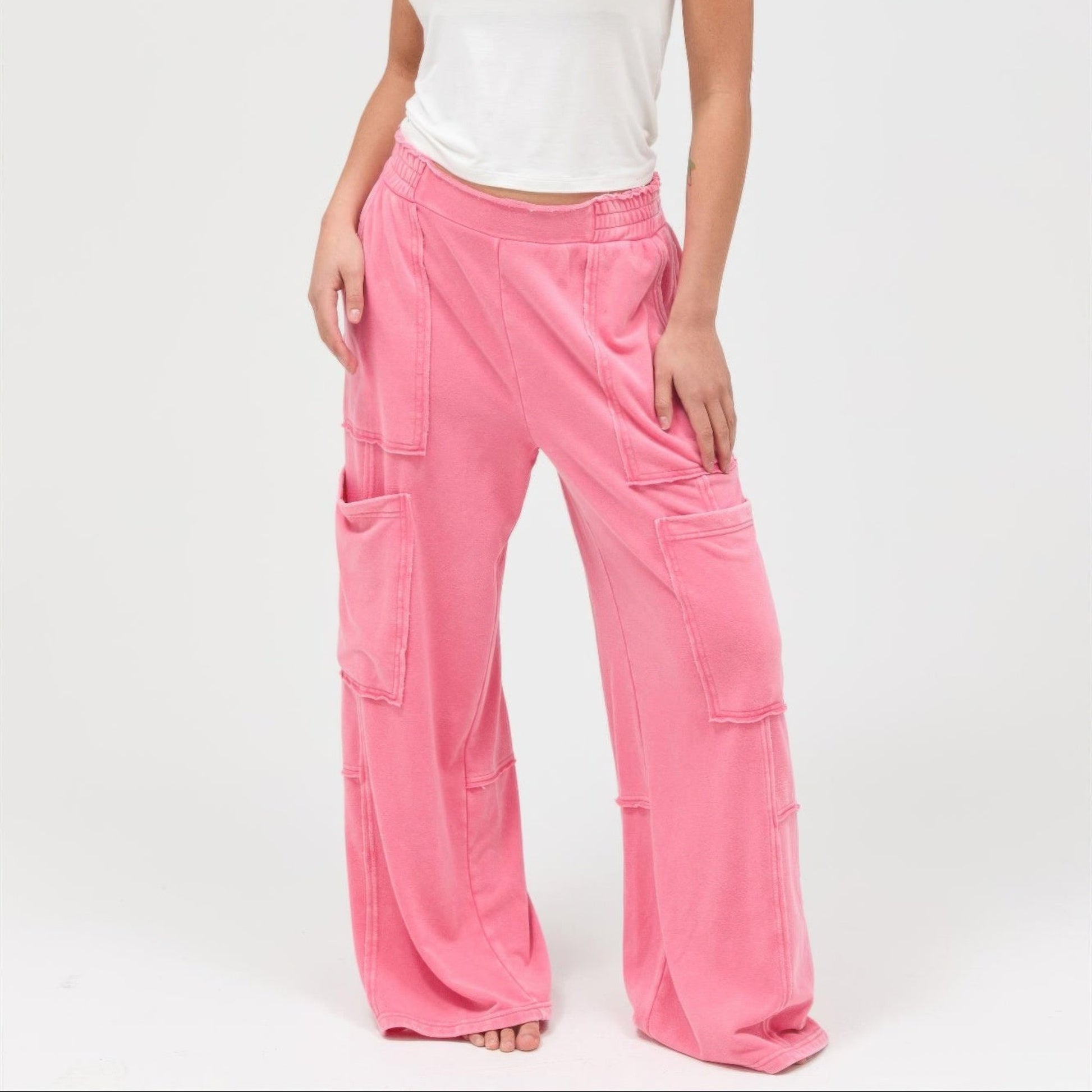 Mineral Wash Wide Leg Cargo Pants in Taffy Pink - lifestyle View
