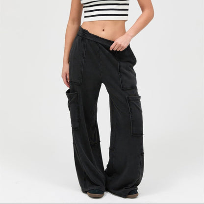 Mineral Wash Wide Leg Cargo Pants in Black - Lifestyle View
