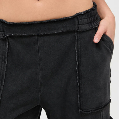 Mineral Wash Wide Leg Cargo Pants in Black - Detail View