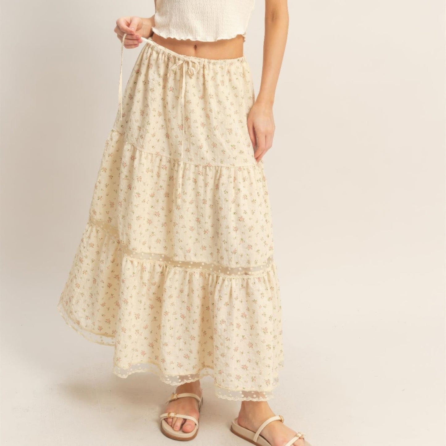 Tiered Lace Trim Skirt in Pink - Front View