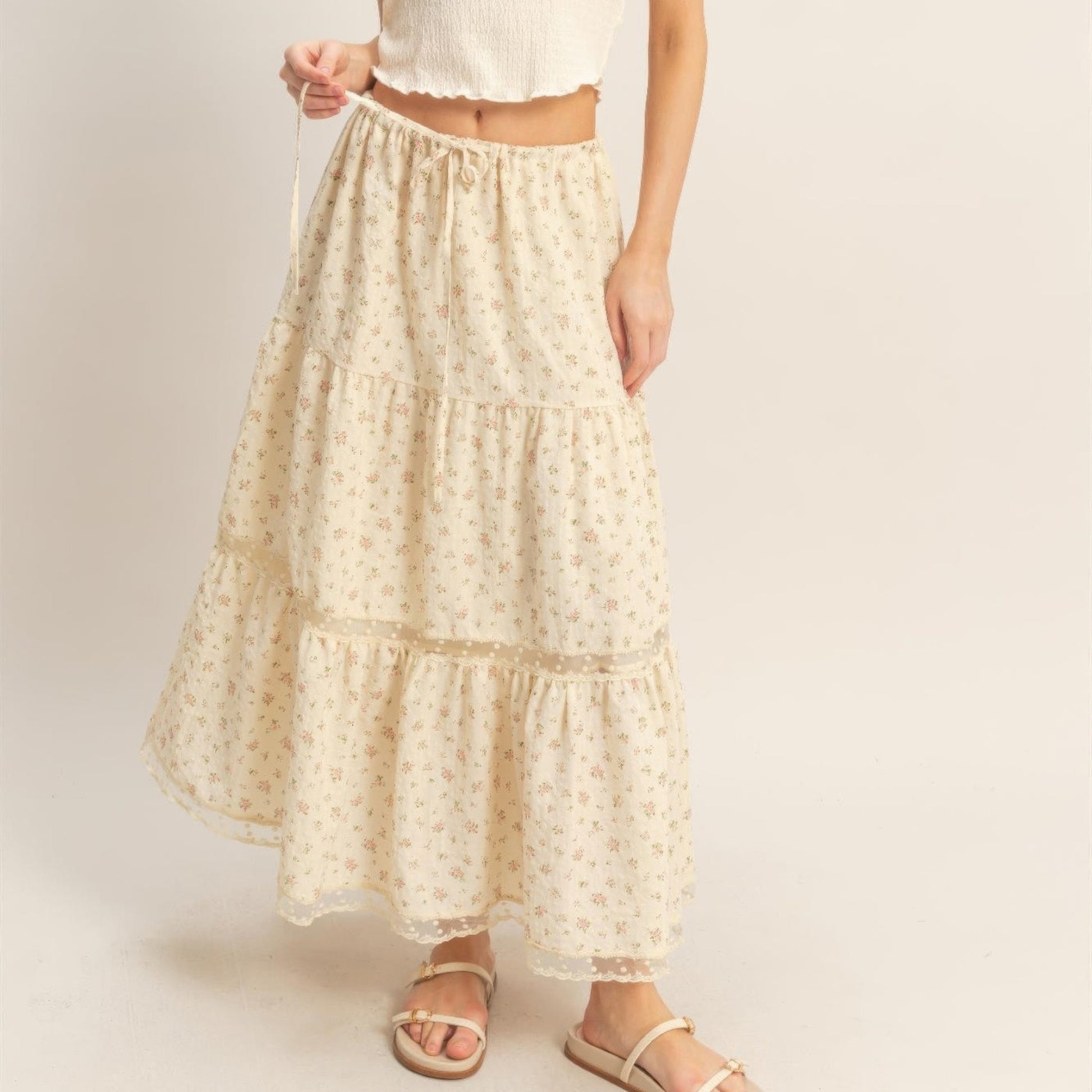 Tiered Lace Trim Skirt in Pink - Front View