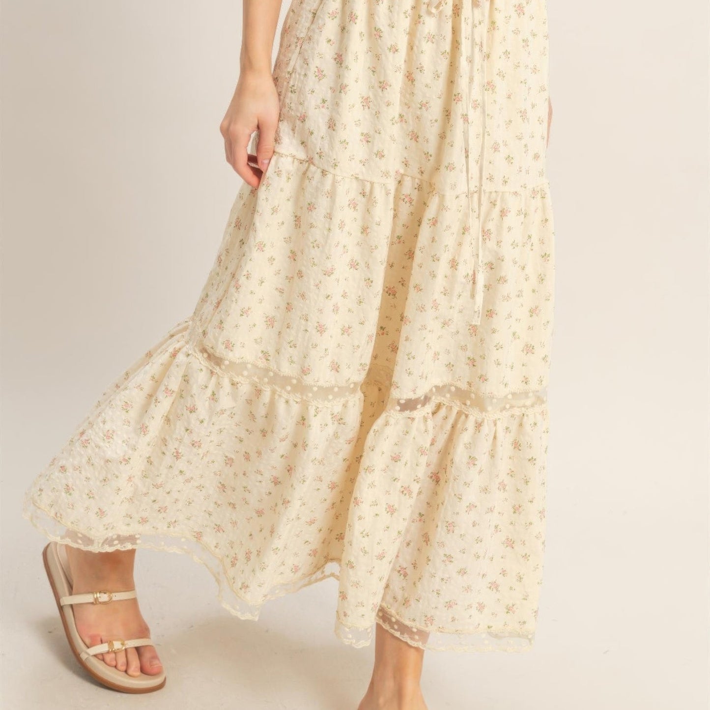 Tiered Lace Trim Skirt in Pink - Side View