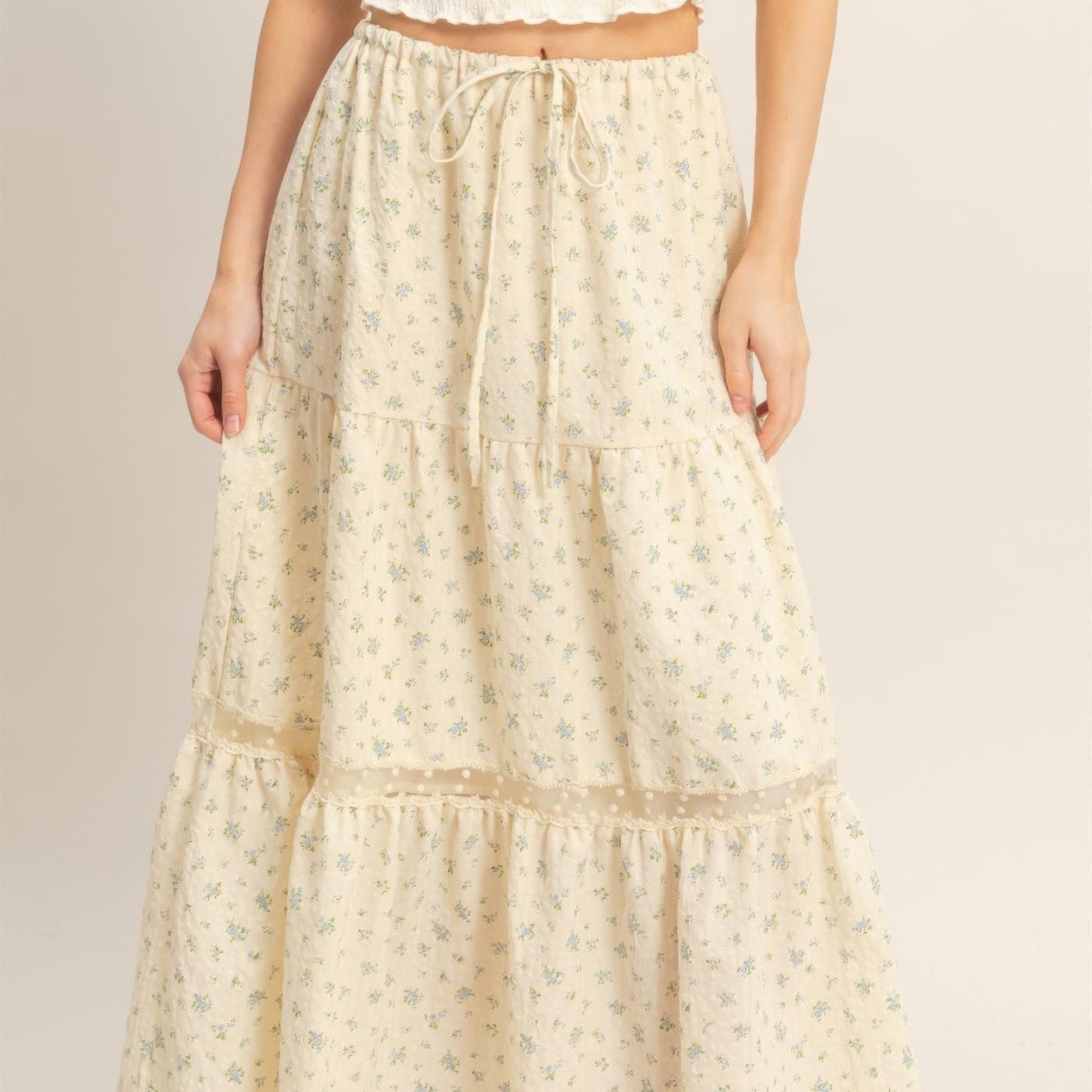 Tiered Lace Trim Skirt in Blue - Detail View