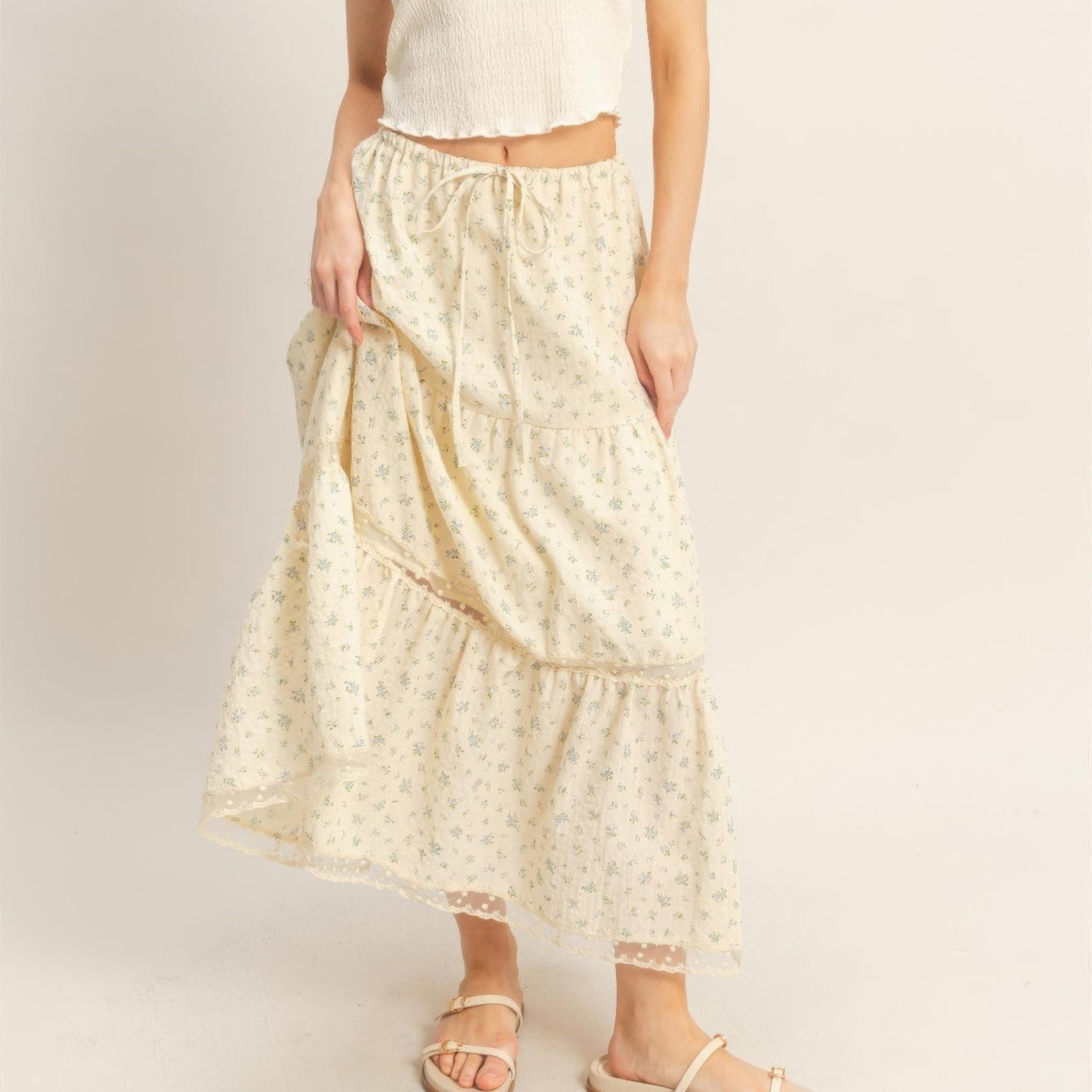 Tiered Lace Trim Skirt in Blue - Front View
