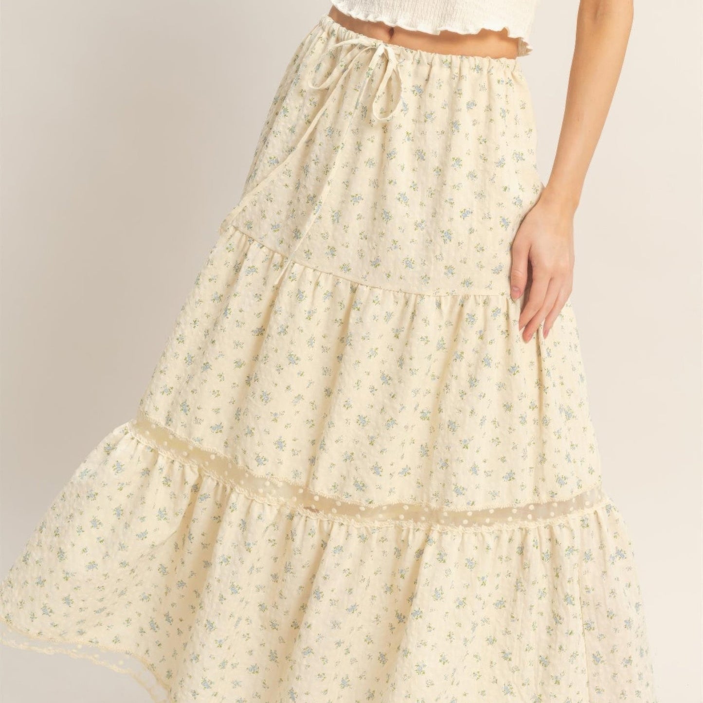 Tiered Lace Trim Skirt in Blue - lifestyle View