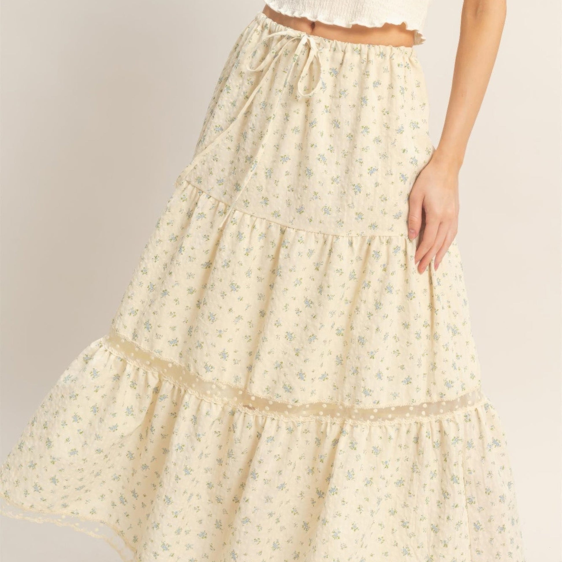 Tiered Lace Trim Skirt in Blue - lifestyle View