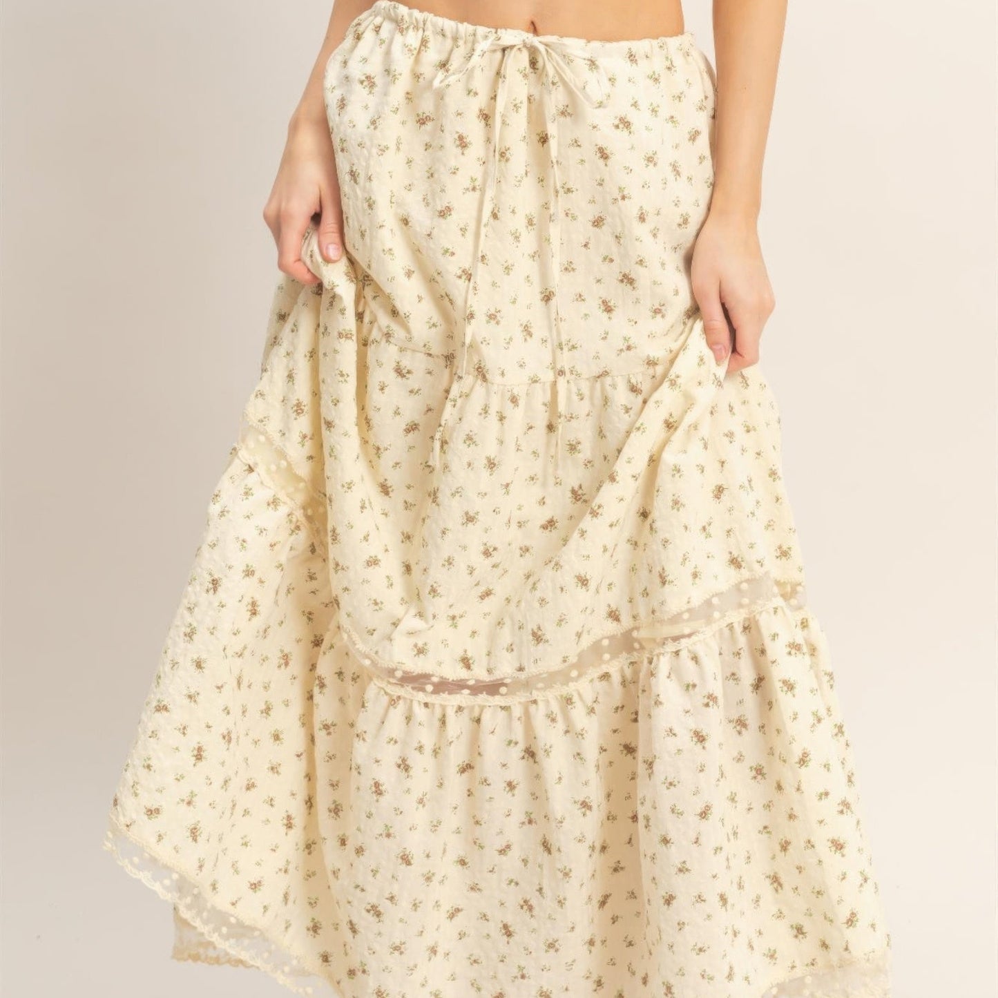 Tiered Lace Trim Skirt in Brown - Detail View
