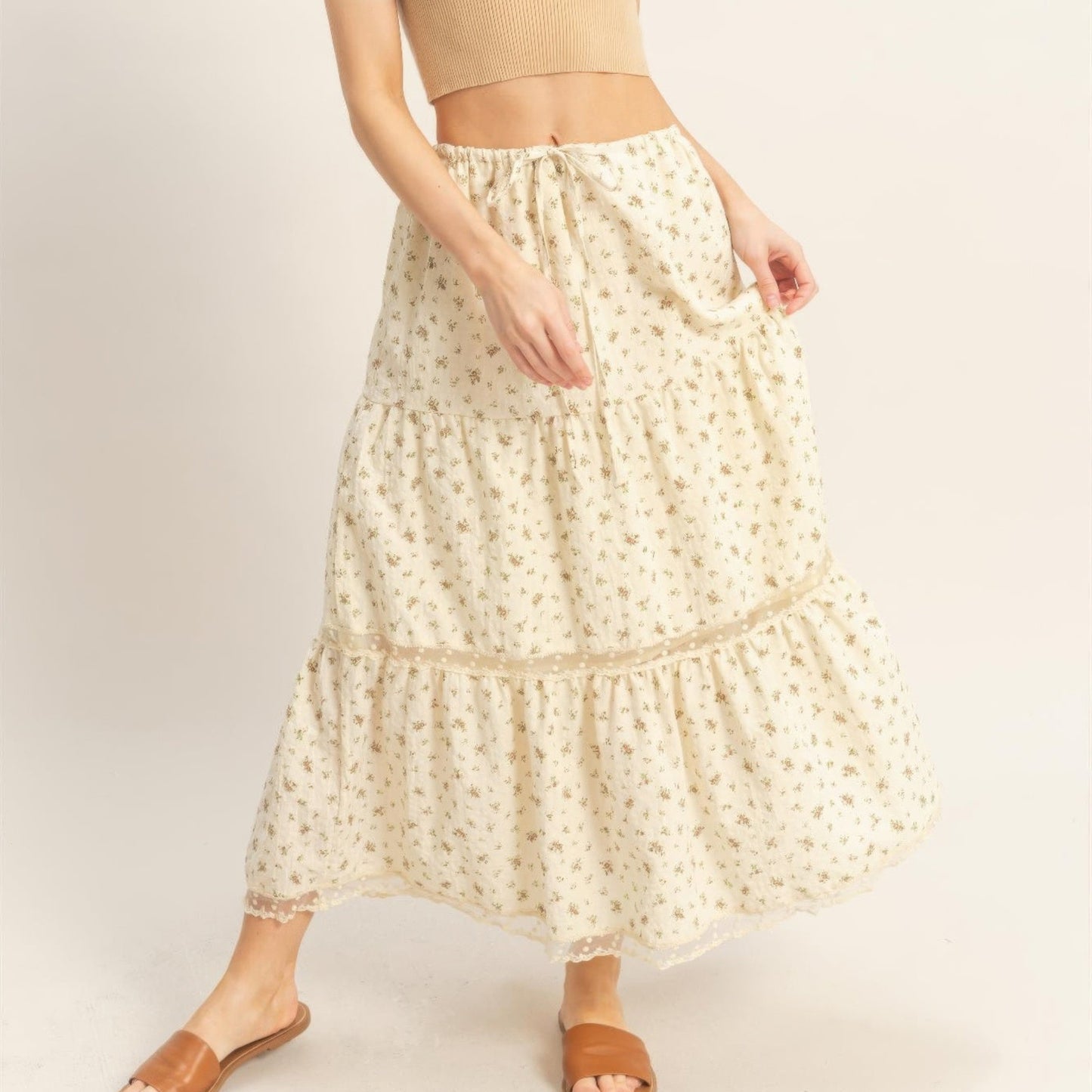 Tiered Lace Trim Skirt in Brown - Front View