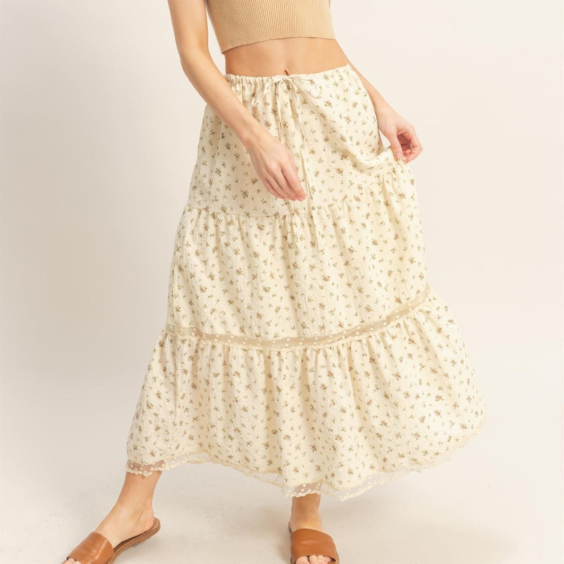 Tiered Lace Trim Skirt in Brown - Front View