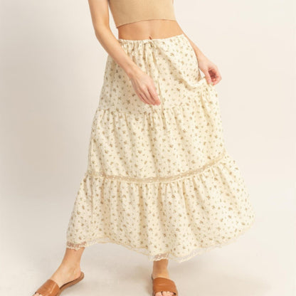 Tiered Lace Trim Skirt in Brown - Front View