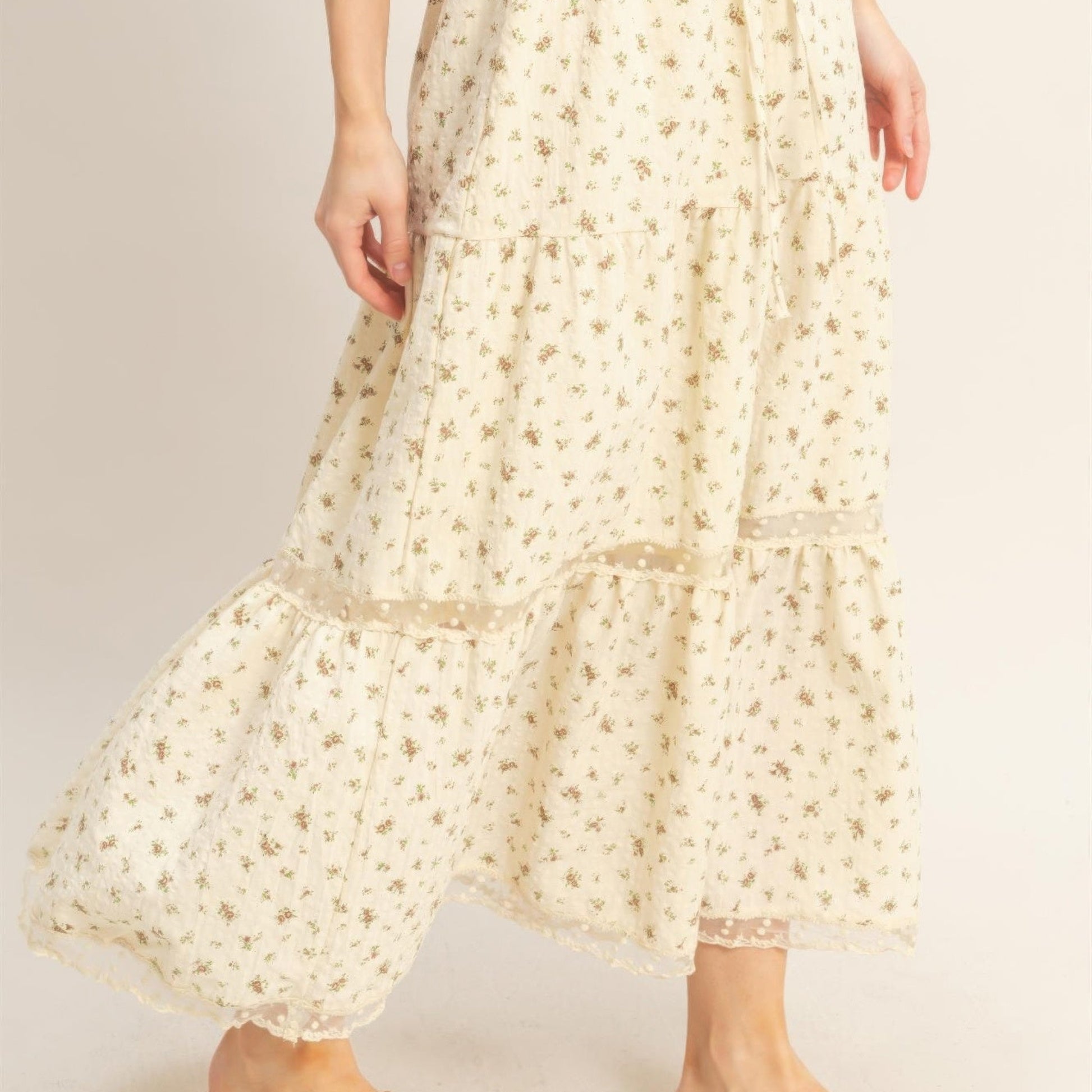 Tiered Lace Trim Skirt in Brown - Side View