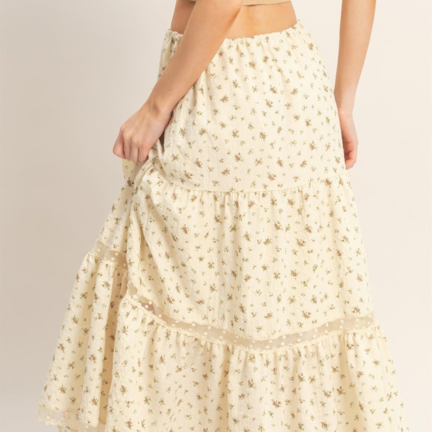 Tiered Lace Trim Skirt in Brown - Back View