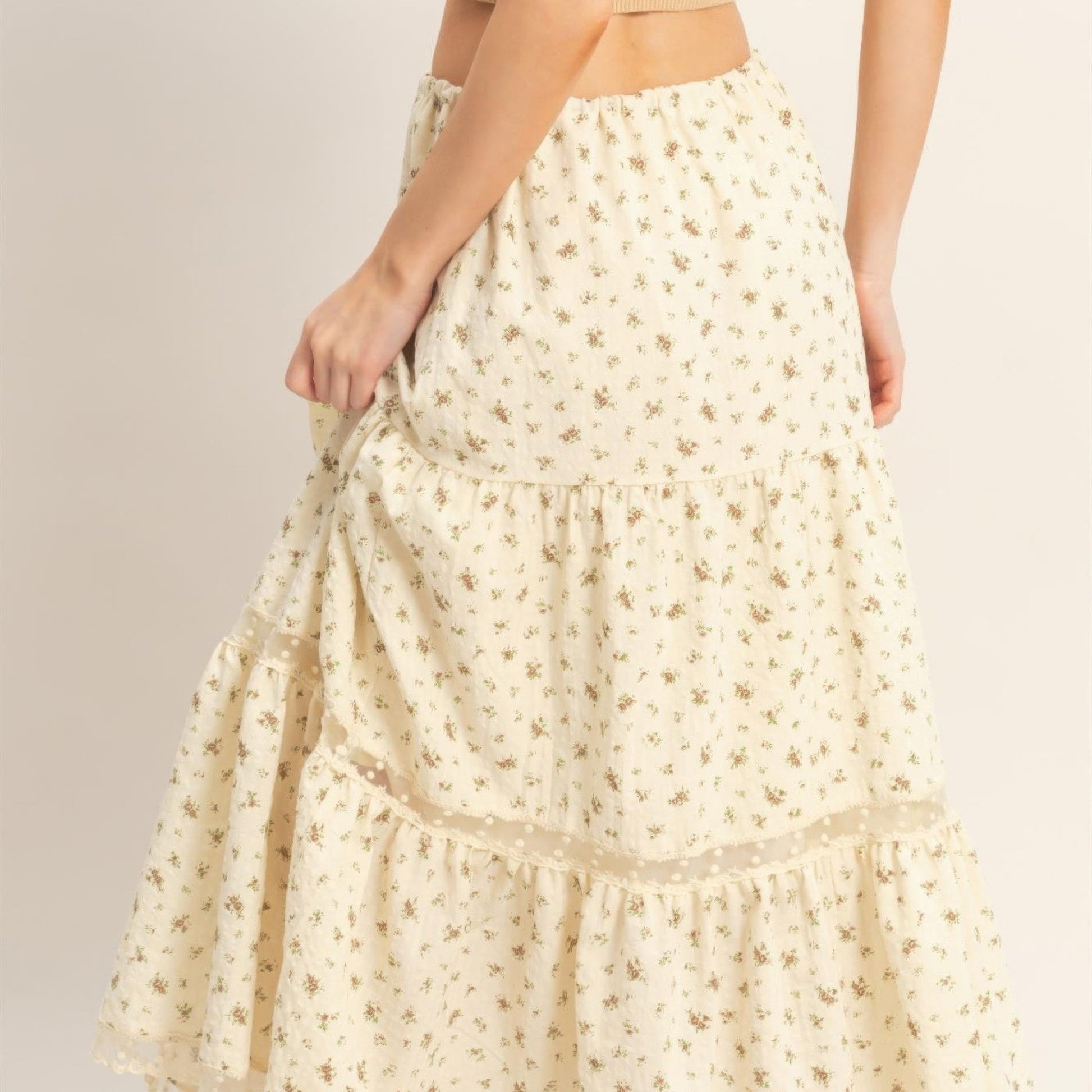 Tiered Lace Trim Skirt in Brown - Back View