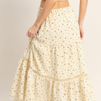 Tiered Lace Trim Skirt in Brown - Back View