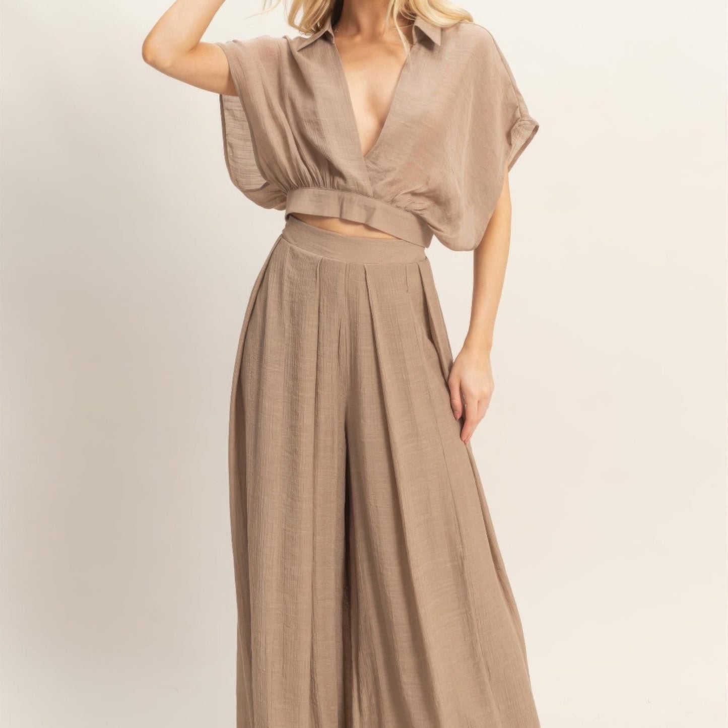 Collared Wrap Top & Wide-Leg Pants Set Light mocha front view