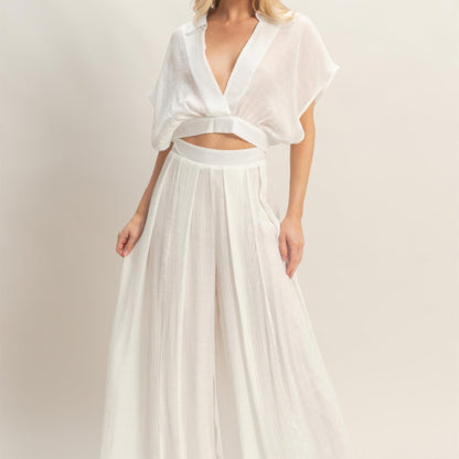 Collared Wrap Top & Wide-Leg Pants Set white front view