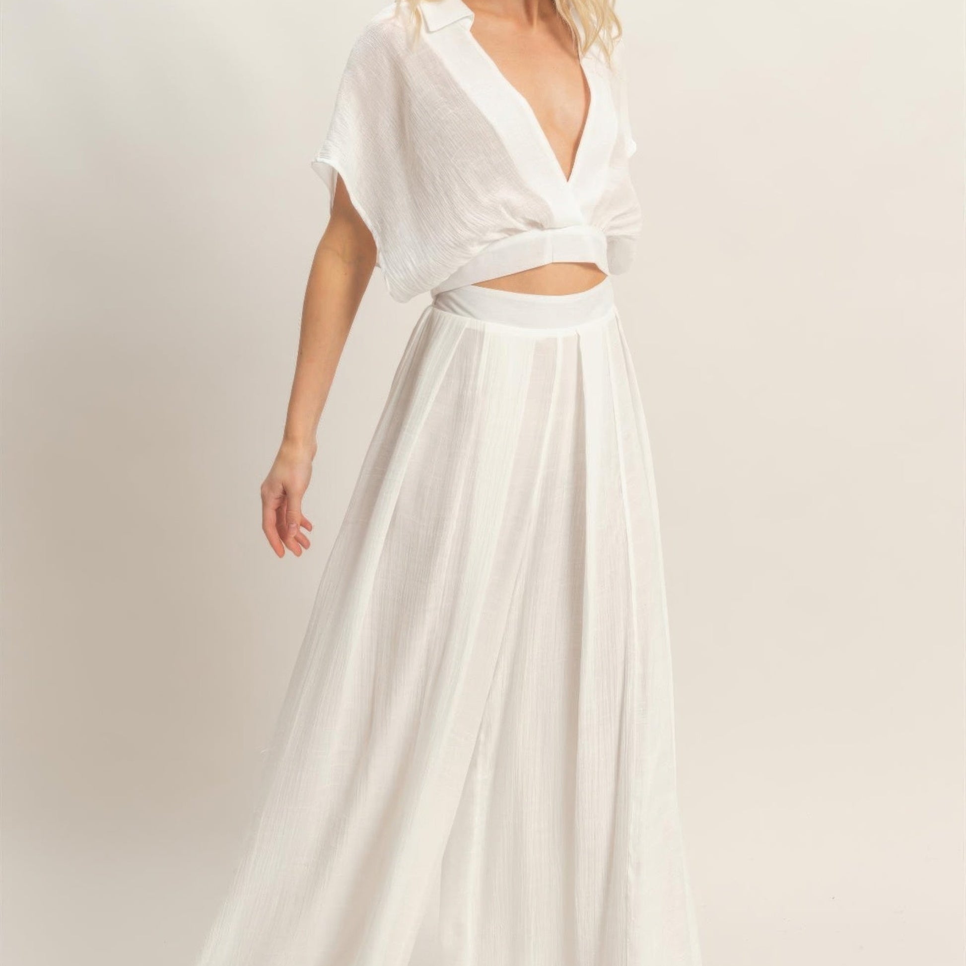 Collared Wrap Top & Wide-Leg Pants Set white  front side view