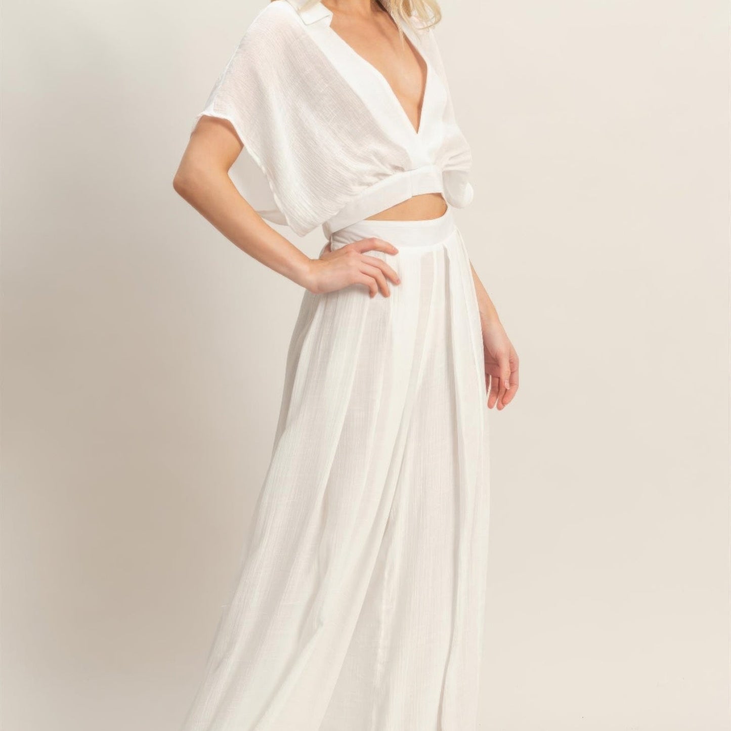 Collared Wrap Top & Wide-Leg Pants Set white side view