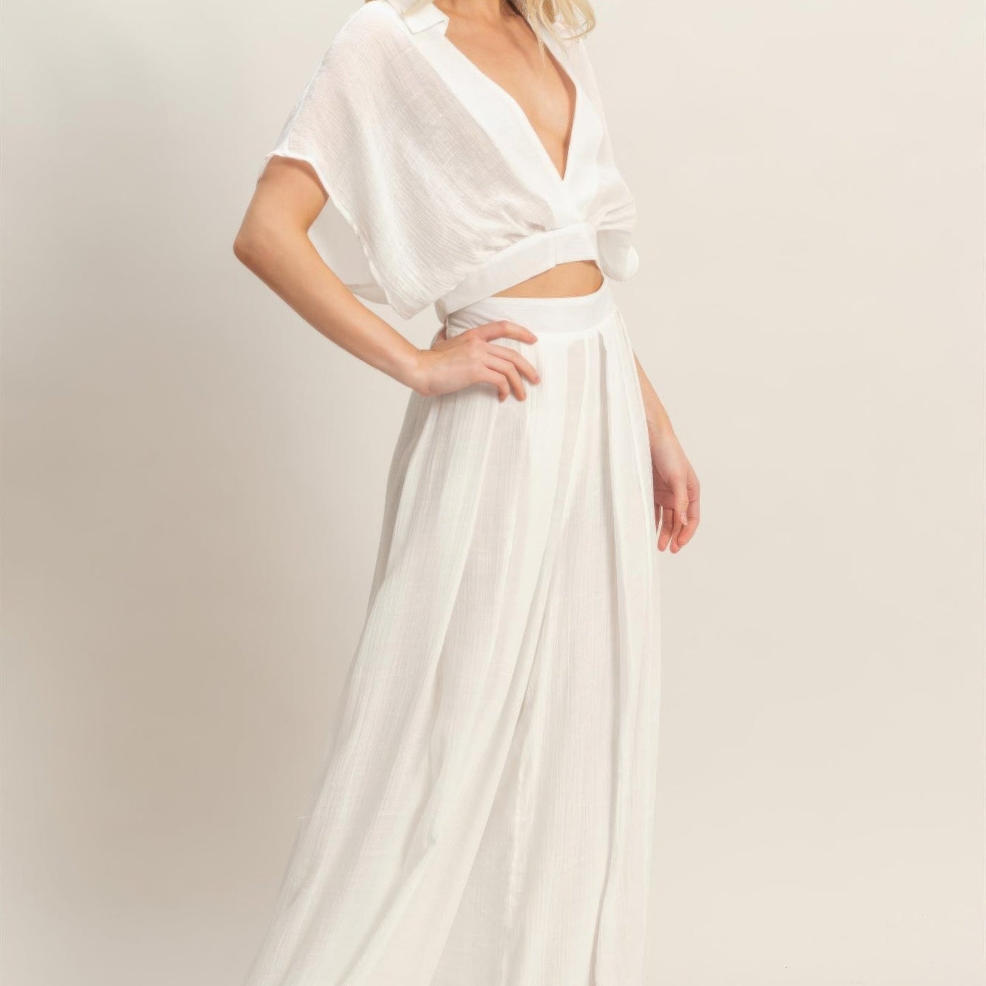 Collared Wrap Top & Wide-Leg Pants Set white side view
