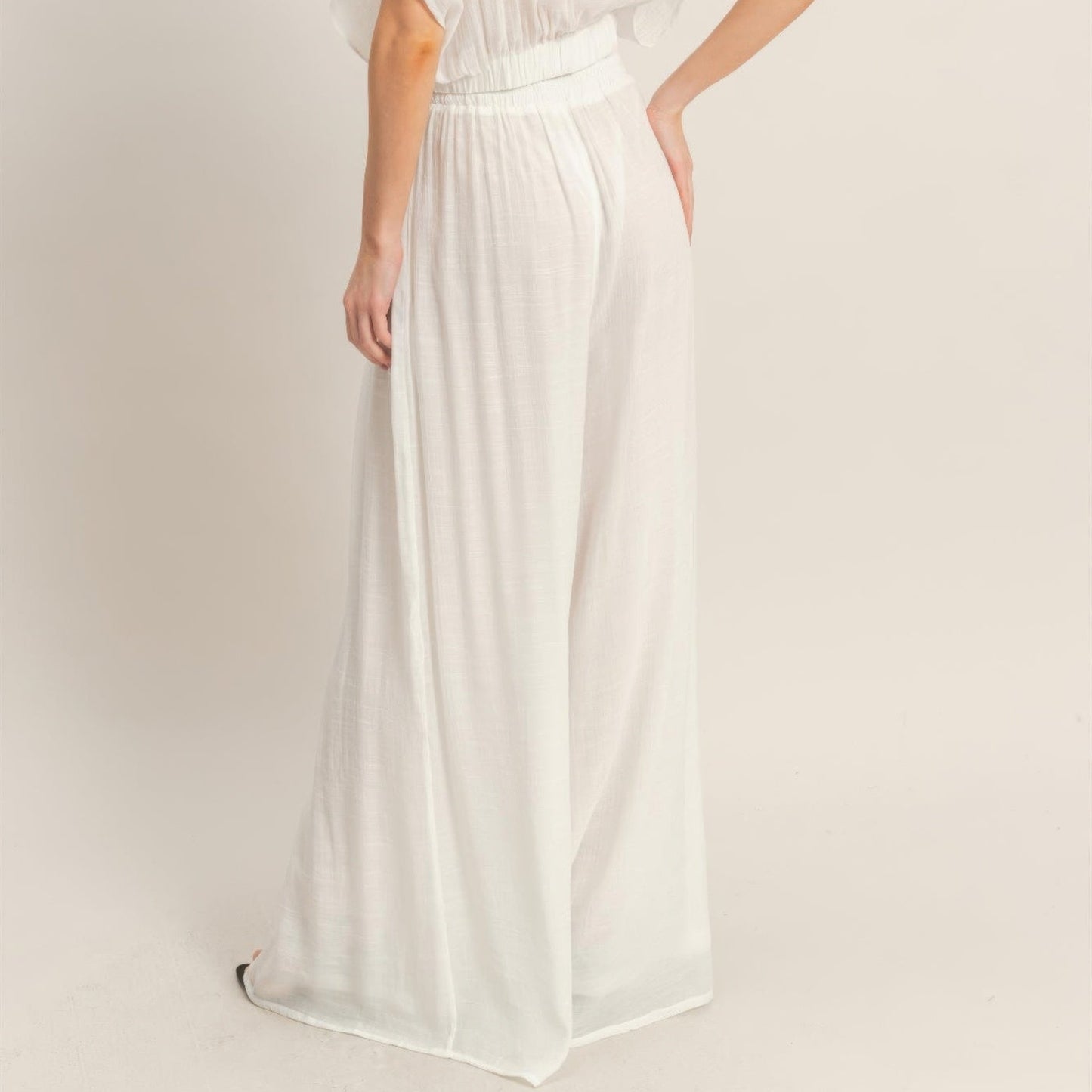 Collared Wrap Top & Wide-Leg Pants Set white back view
