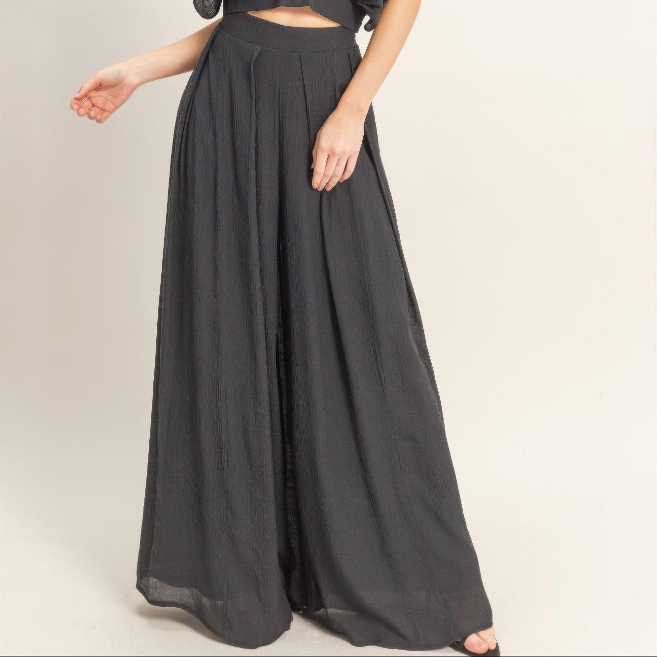 Collared Wrap Top & Wide-Leg Pants Set black lifestyle view