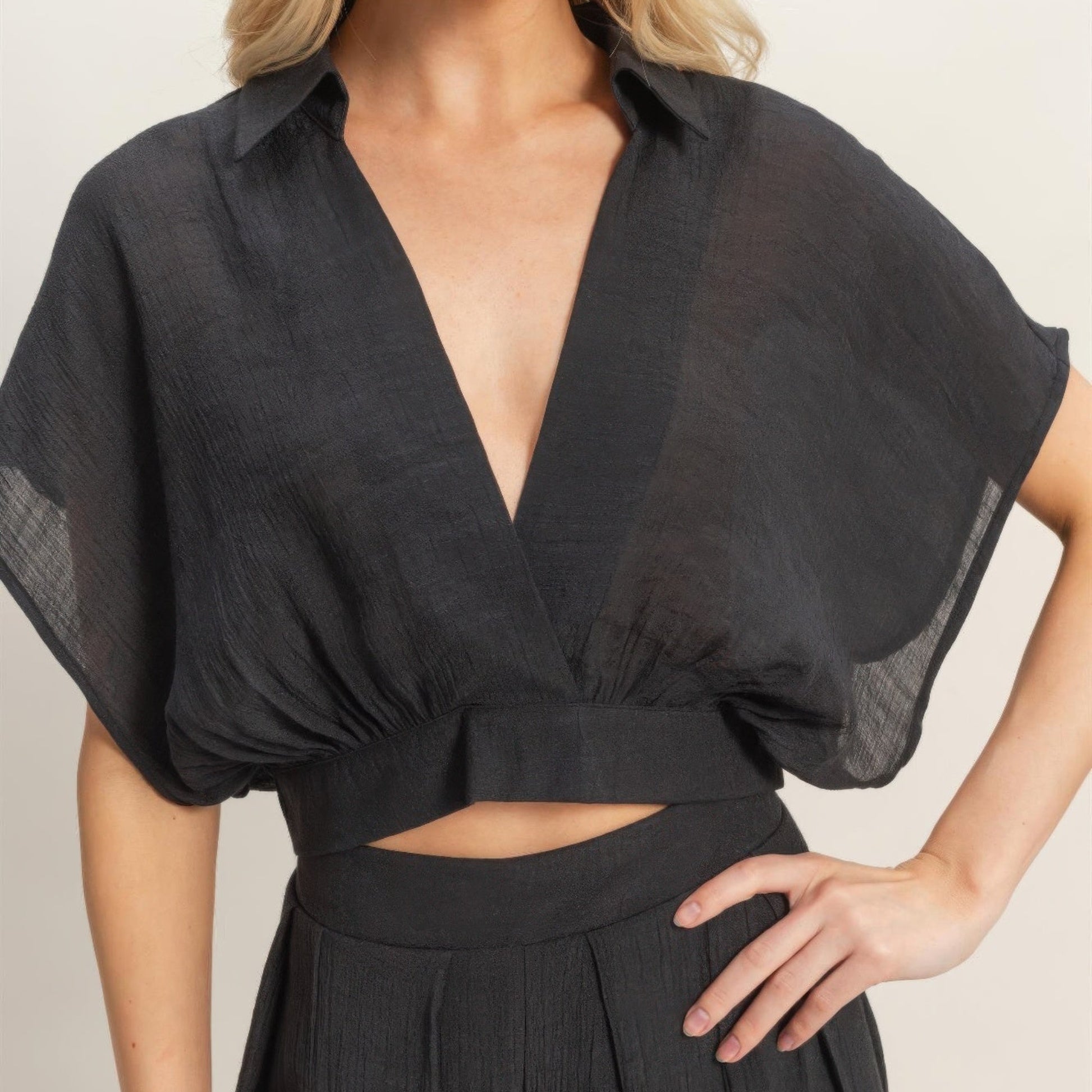 Collared Wrap Top & Wide-Leg Pants Set black detail view