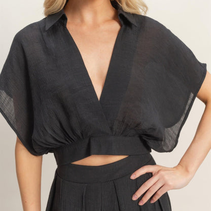Collared Wrap Top & Wide-Leg Pants Set black detail view