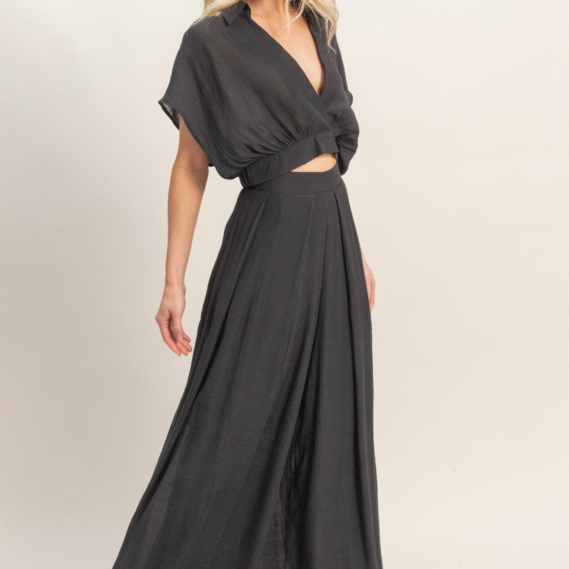 Collared Wrap Top & Wide-Leg Pants Set black view