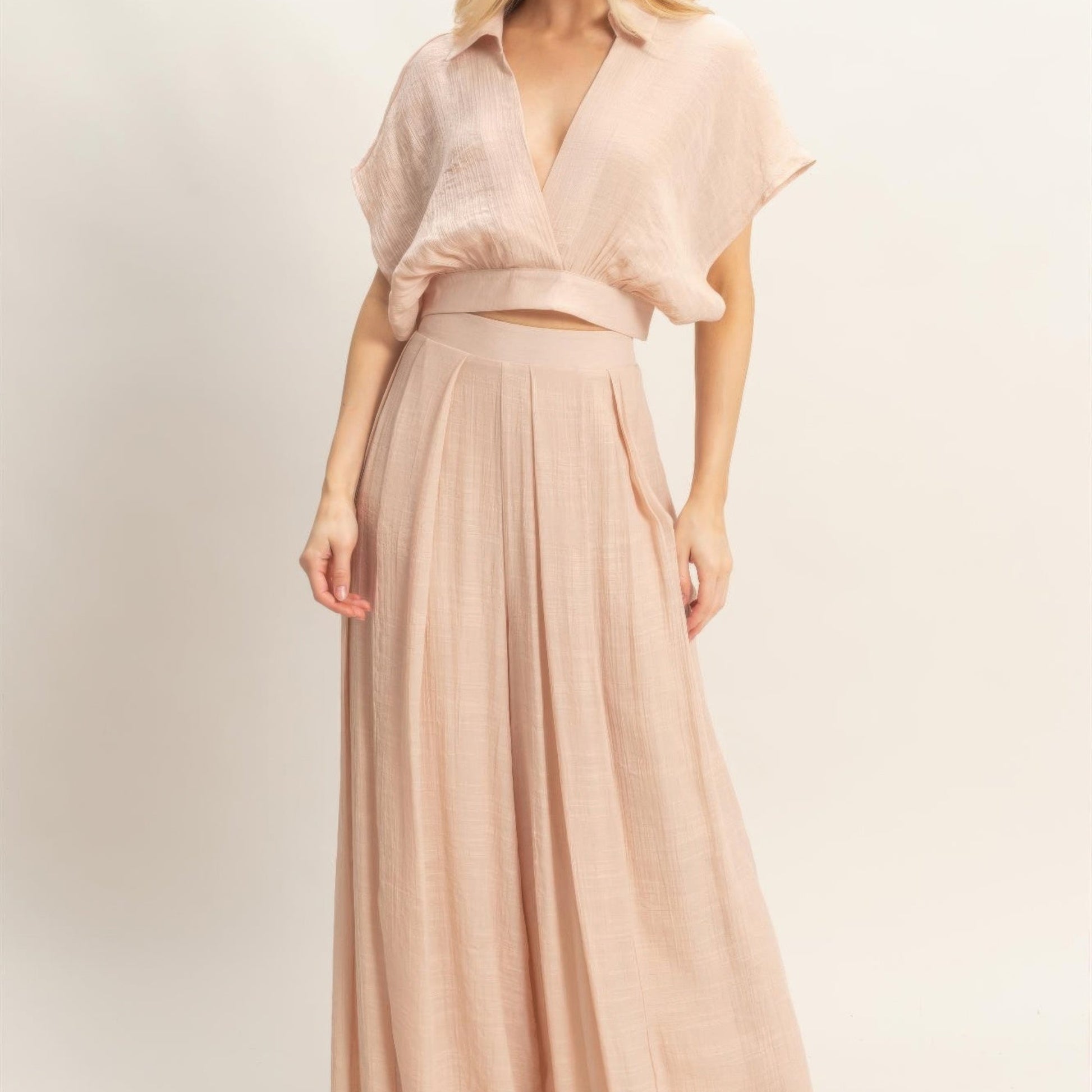 Collared Wrap Top & Wide-Leg Pants Set Almond front view