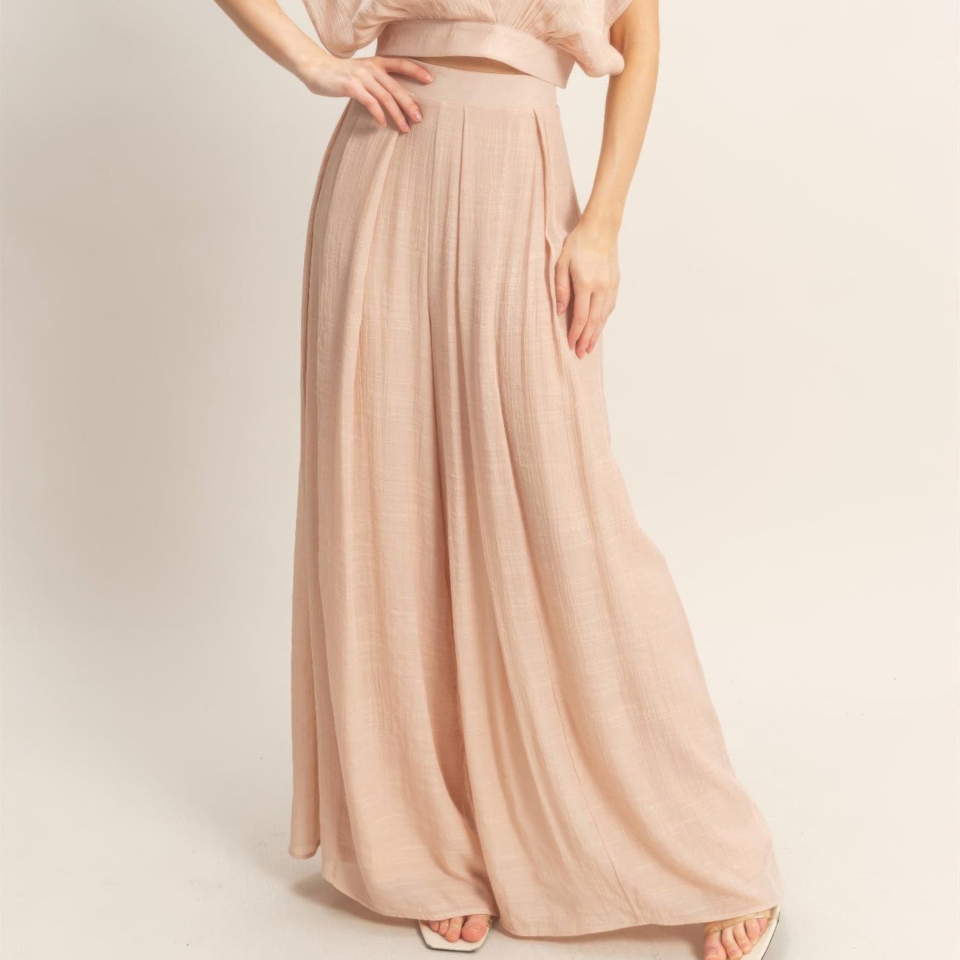 Collared Wrap Top & Wide-Leg Pants Set Almond front side view