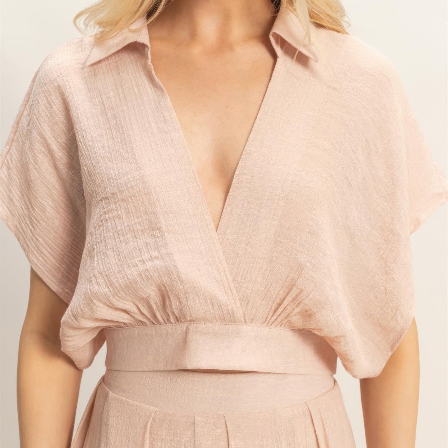 Collared Wrap Top & Wide-Leg Pants Set Almond detail view
