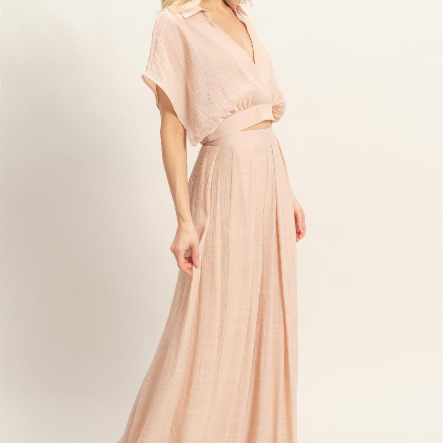 Collared Wrap Top & Wide-Leg Pants Set Almond side view