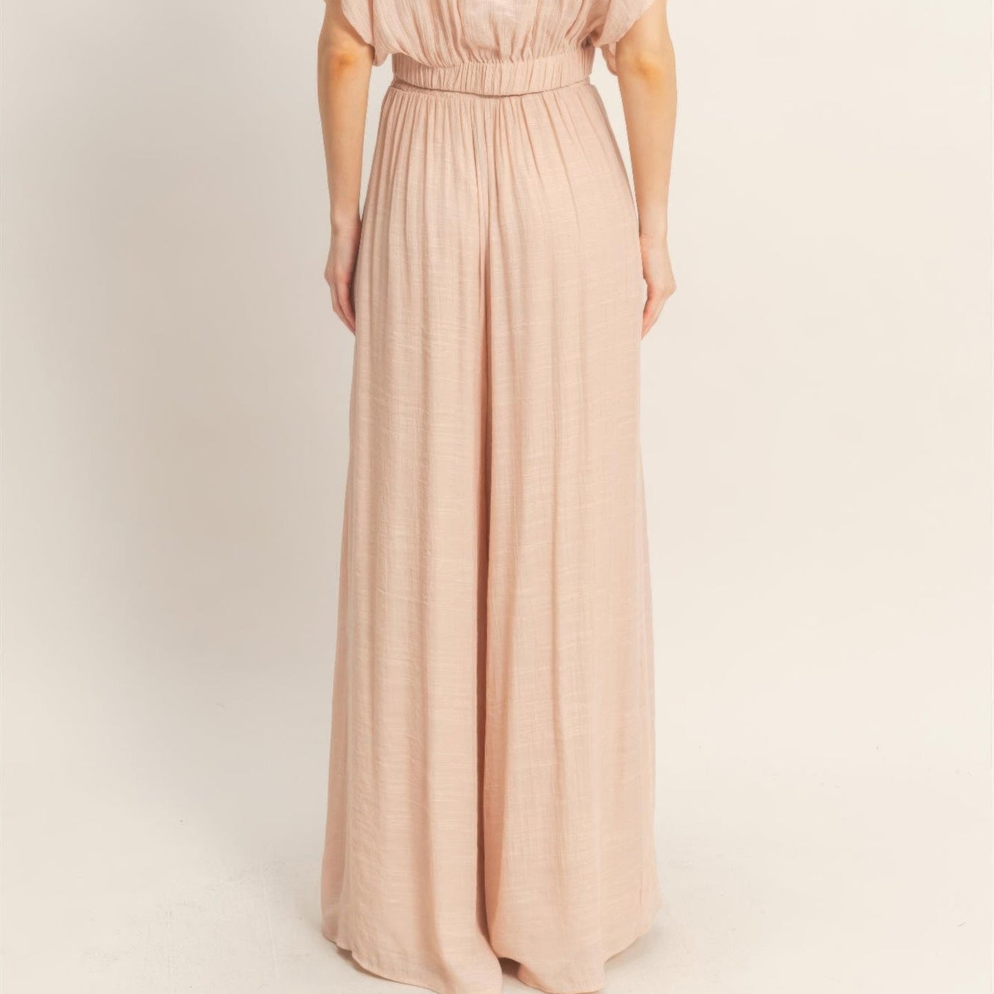 Collared Wrap Top & Wide-Leg Pants Set Almond back view