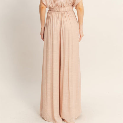 Collared Wrap Top & Wide-Leg Pants Set Almond back view