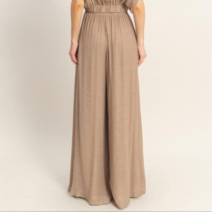 Collared Wrap Top & Wide-Leg Pants Set Light mocha back view