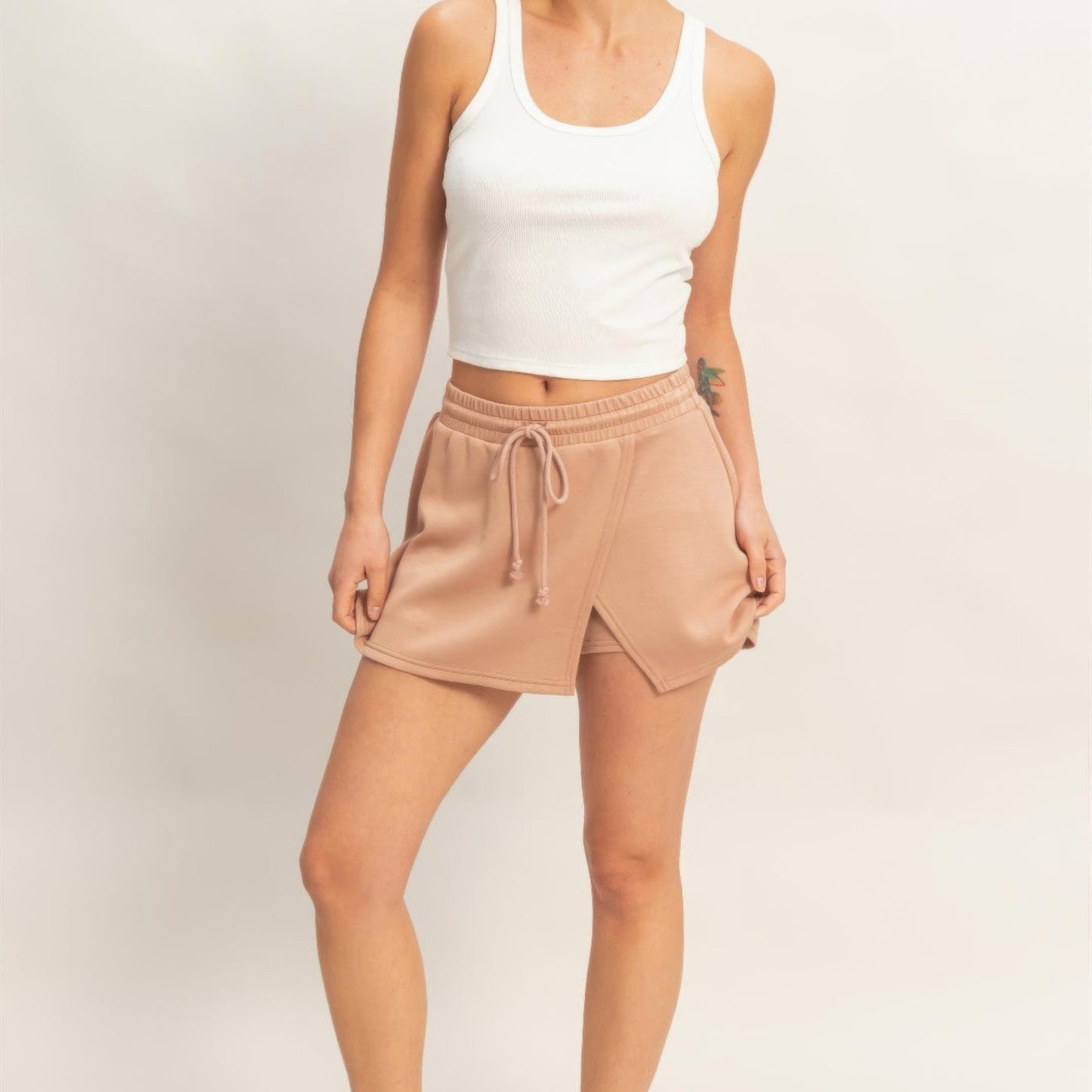 Wrap Front Elastic Waist Skort in Dark Taupe - Front View