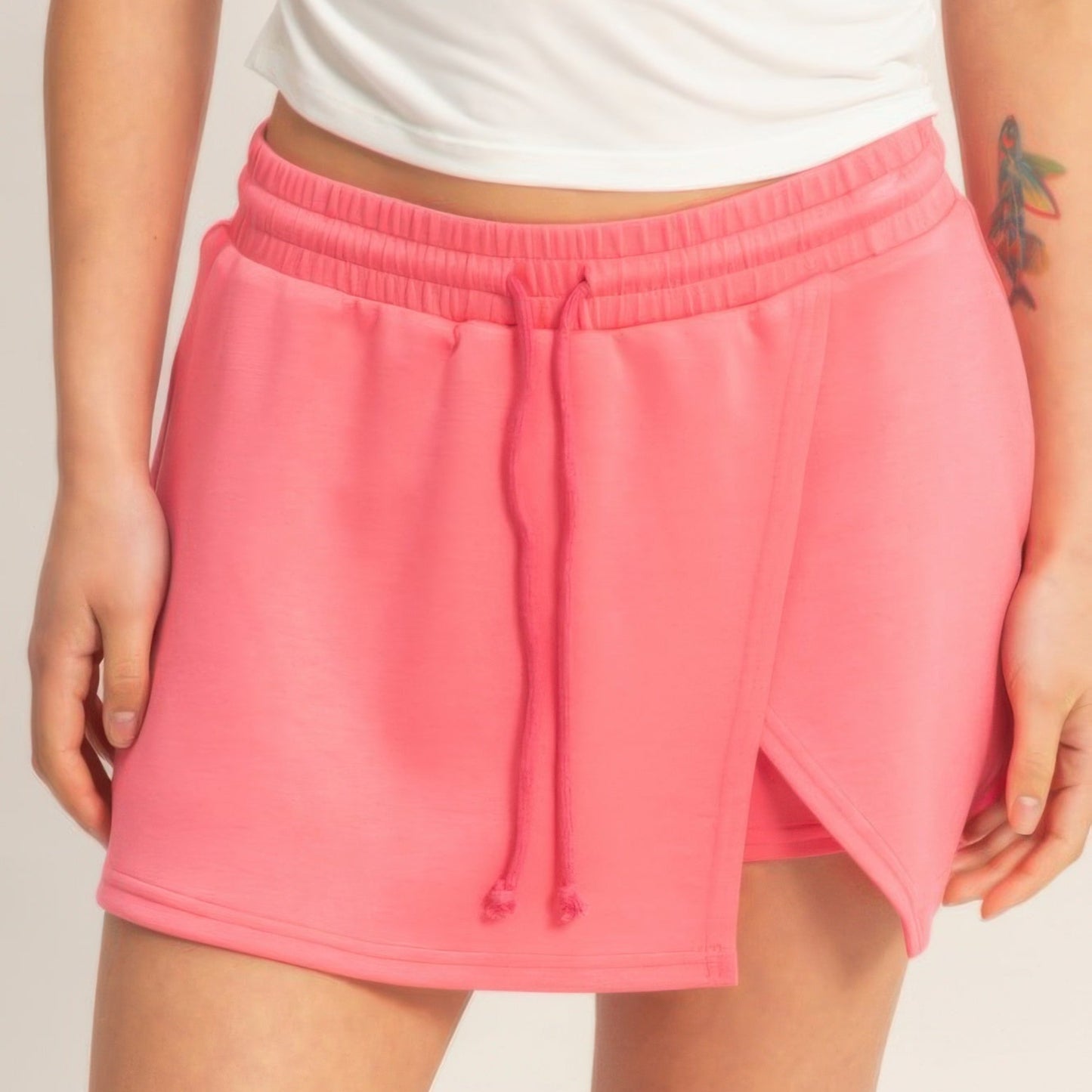 Wrap Front Elastic Waist Skort in Taffy Pink - front View