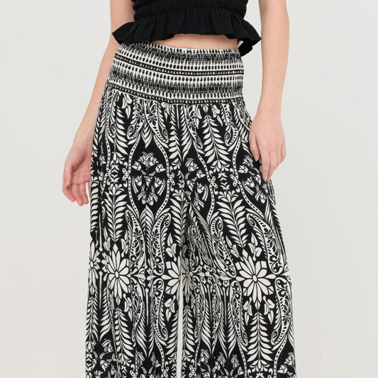Smocked Waist Floral Pants in Black - Front View
