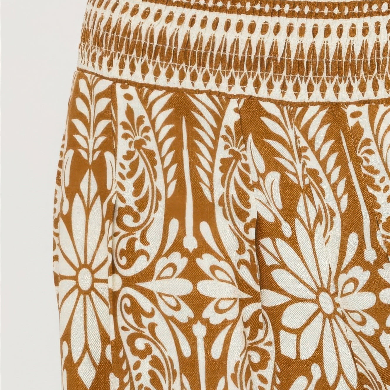 Smocked Waist Floral Pants in Brown - Detail View