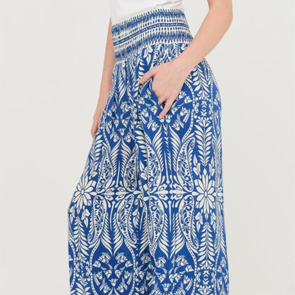Smocked Waist Floral Pants in Blue - Side View