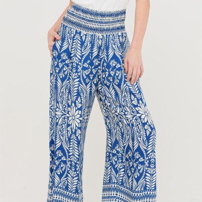 Smocked Waist Floral Pants in Blue - Lifestyle View