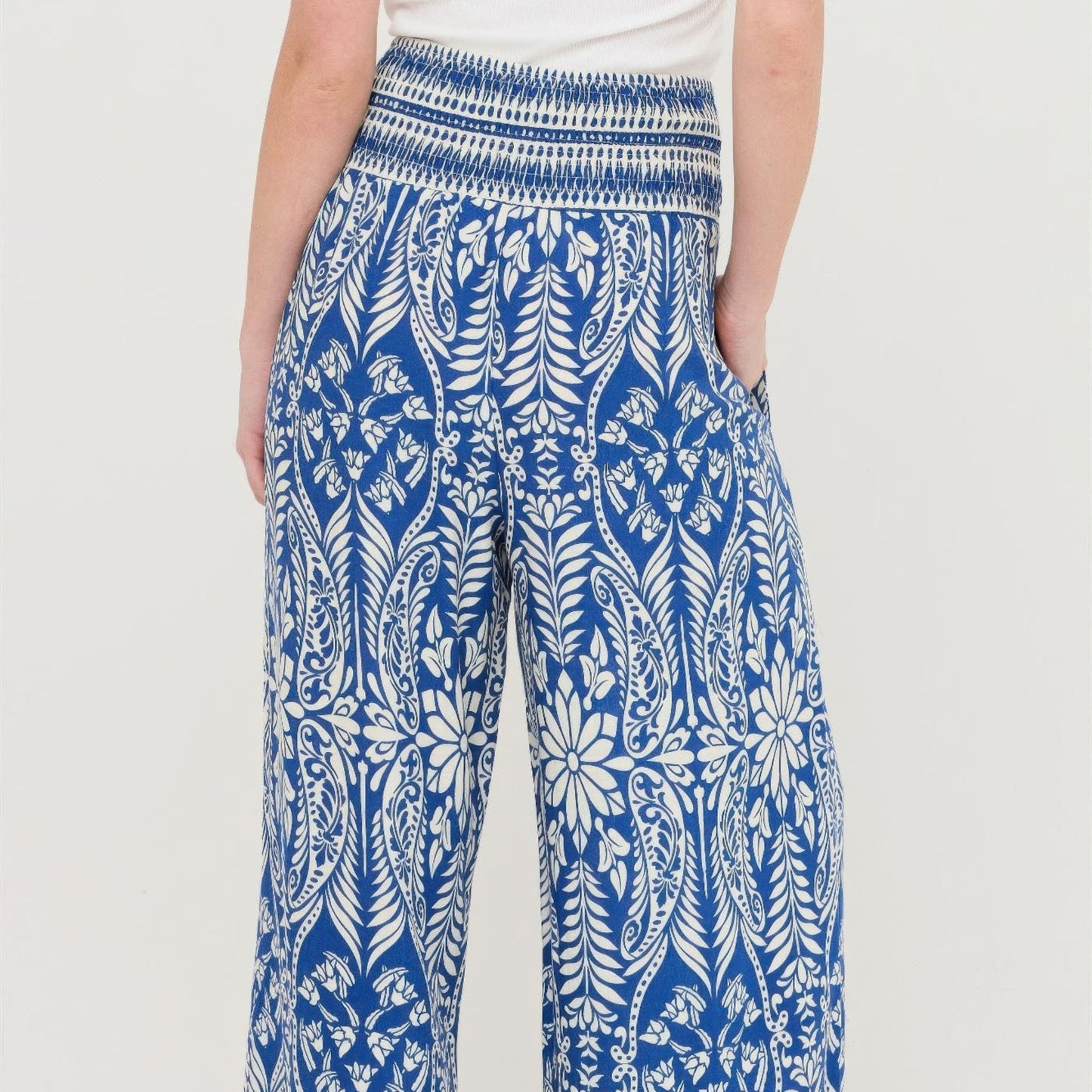 Smocked Waist Floral Pants in Blue - Back View
