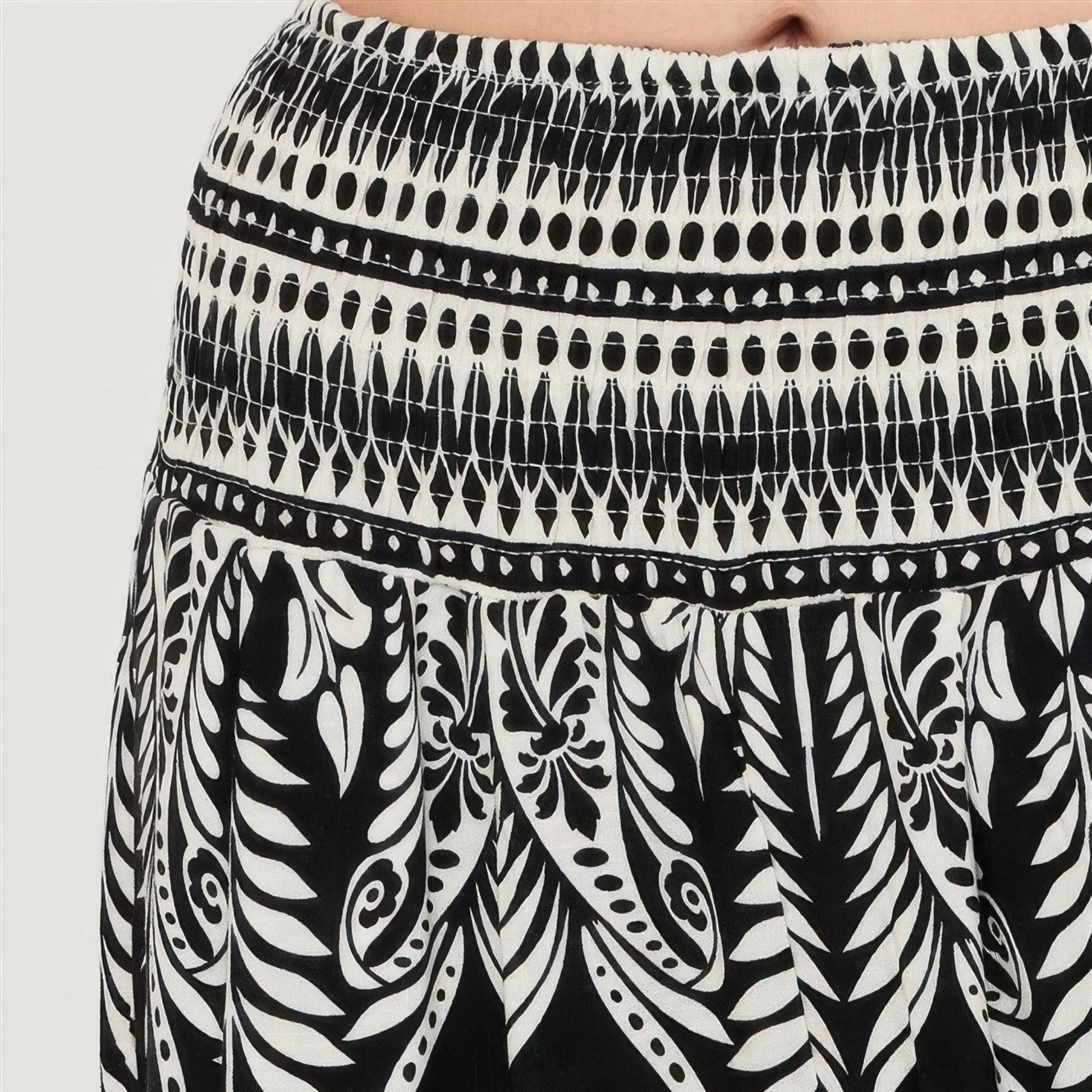 Smocked Waist Floral Pants in Black - Detail View
