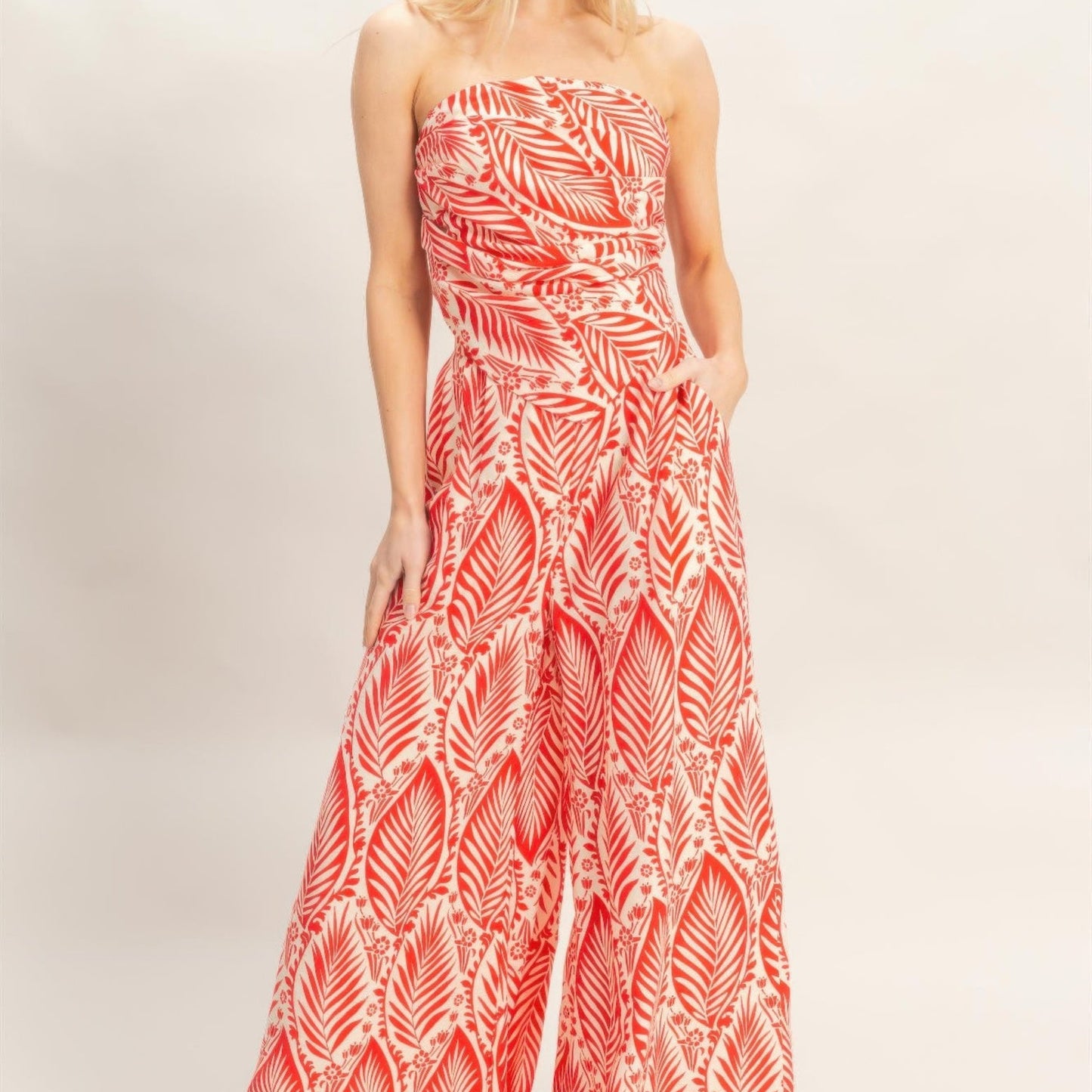 Strapless Pleated Top & Print Pants Set red front view